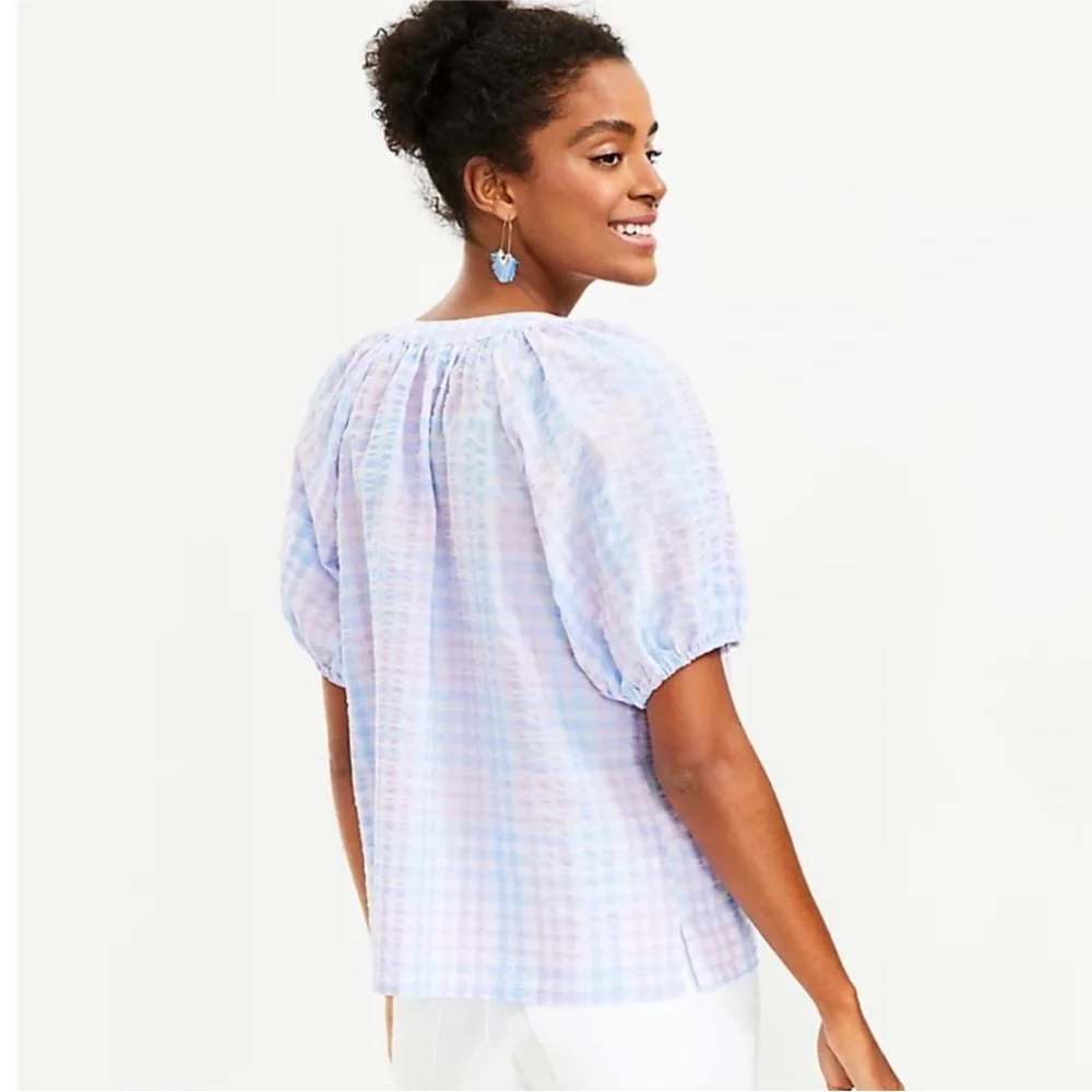 LOFT Pastel Tie Neck Pastel Striped Gingham Plaid Puff Sleeve Top Size XS - Picture 4 of 9